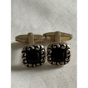 vintage Foster black onyx cufflinks Ornate Pat Pend Gold Tone A13